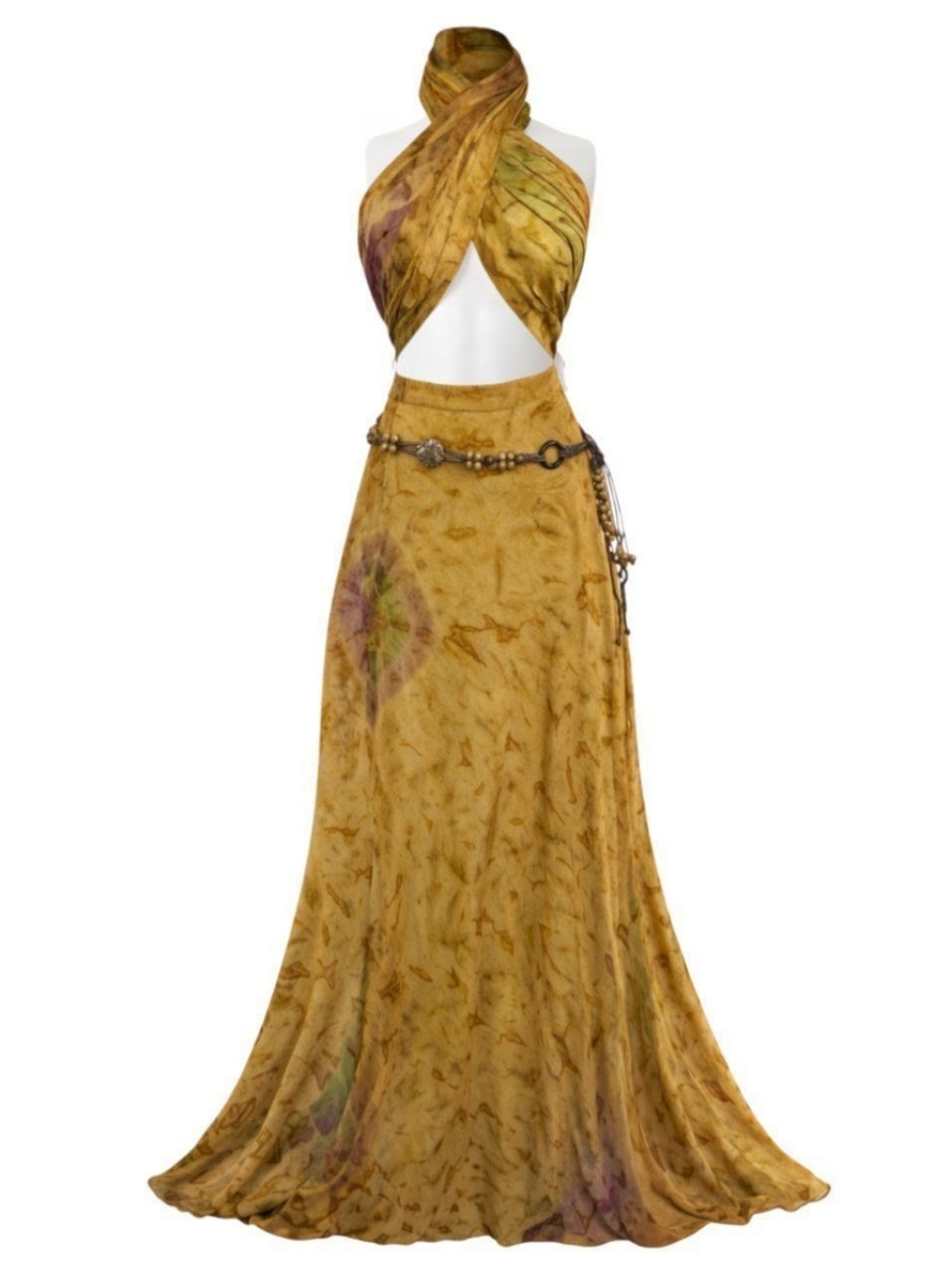 Scarf Halter Maxi Skirt Set 32 33 in Waist Mustard Tie Dye | Boho Hippy Festival